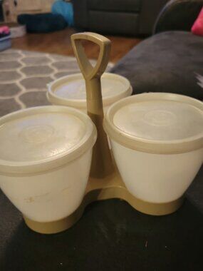 Vintage Tupperware #757-4 Condiment Trio Server Caddy Almond/Gold with LIDS